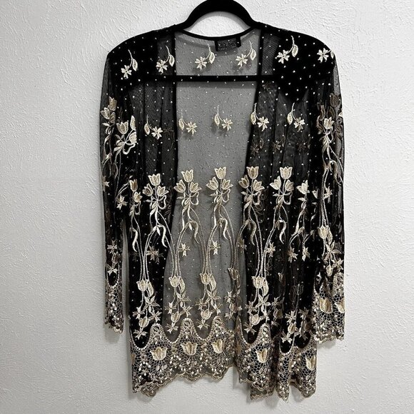 VTG 90s Vonda D’s Black Cream Floral Sheer Mesh Jacket Open Front Beaded Size L - Picture 8 of 12